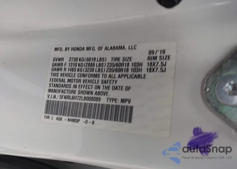 2020 Honda Odyssey Ex-L/Ex-L W/Navi Res из США, поврежденный, VIN 5FNRL6H72LB008089